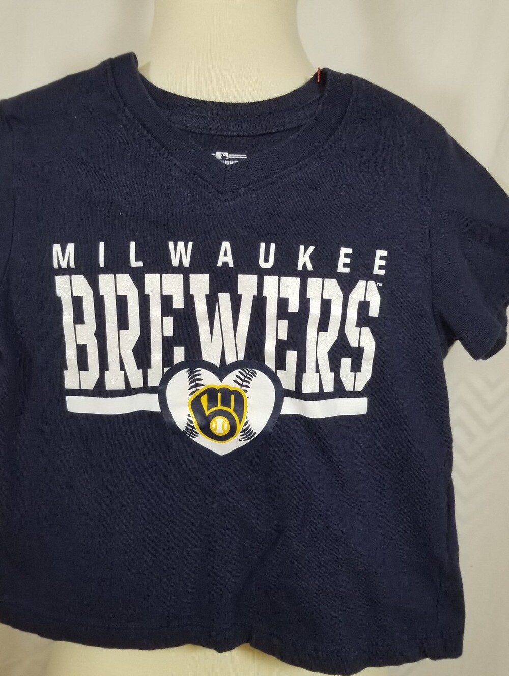 Milwaukee Brewers Girls Shirt XS 4/5 Glitter Sparkle Heart Navy Blue MLB Tee